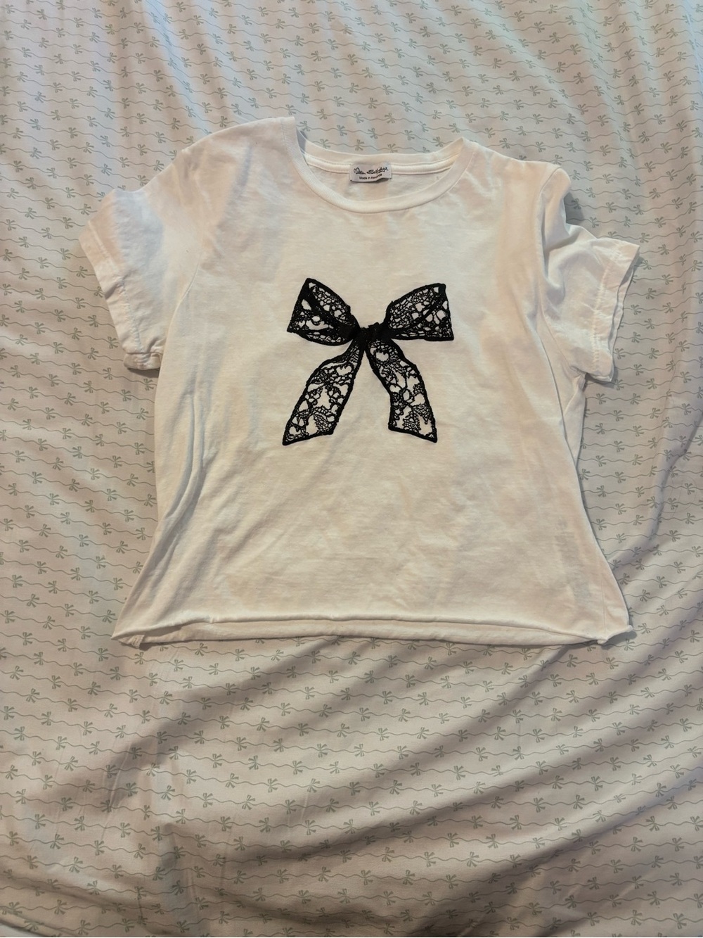 Miss Selfridge White Tee with Black Lace Bow Appliqué